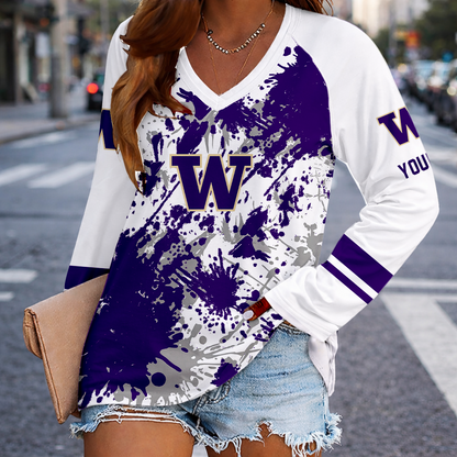 [FAN FAVORITE] NEW CUSTOMIZED NCAA FBS19 WSH WASHINGTON HUSKIES WOMEN'S V-NECK LONG SLEEVED SHIRT