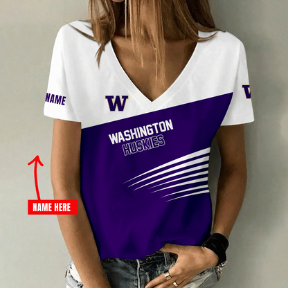 [FAN FAVORITE] NEW CUSTOMIZED NCAA FBS19 WSH WASHINGTON HUSKIES V-NECK FEMALE SHIRT
