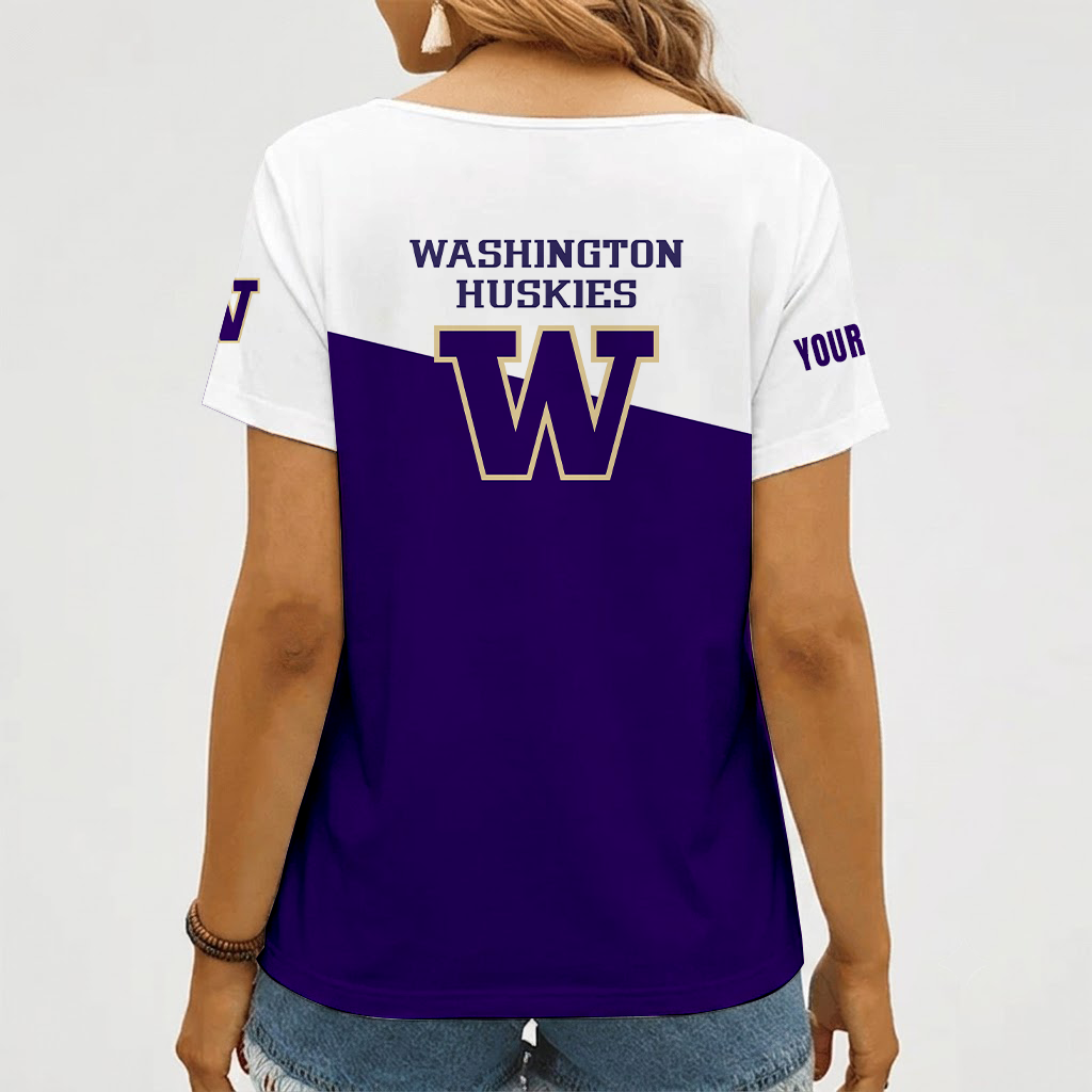 [FAN FAVORITE] NEW CUSTOMIZED NCAA FBS19 WSH WASHINGTON HUSKIES V-NECK FEMALE SHIRT