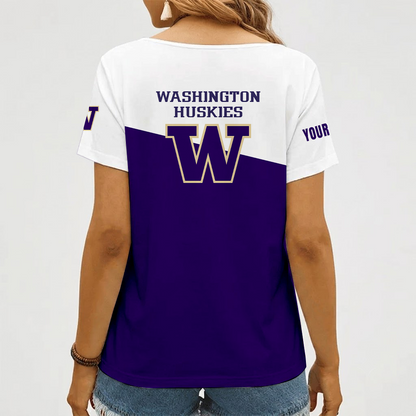 [FAN FAVORITE] NEW CUSTOMIZED NCAA FBS19 WSH WASHINGTON HUSKIES V-NECK FEMALE SHIRT