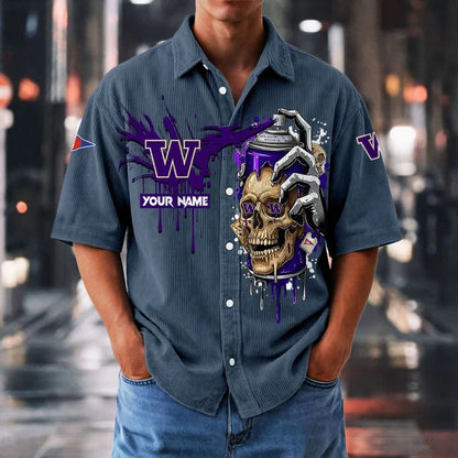 MEGA SALE - NEW CUSTOMIZED NCAA FBS19 WSH WS HUSKIES SEERSUCKER BUTTON SHIRT