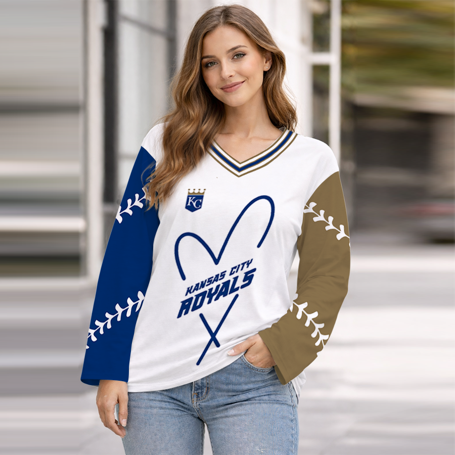 LIMITED EDITION - NEW CUSTOMIZED MLB19 KCR KANSAS CITY ROYALS WOMEN'S HEART V-NECK LONG SLEEVE SHIRT