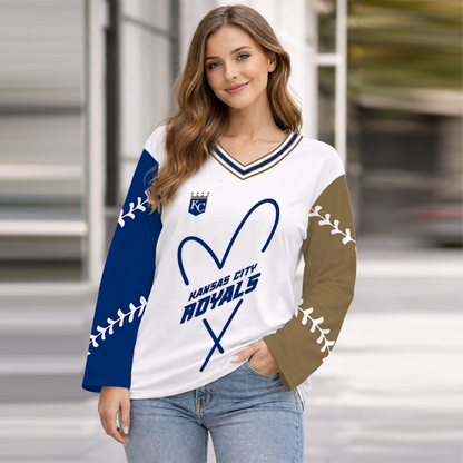 LIMITED EDITION - NEW CUSTOMIZED MLB19 KCR KANSAS CITY ROYALS WOMEN'S HEART V-NECK LONG SLEEVE SHIRT