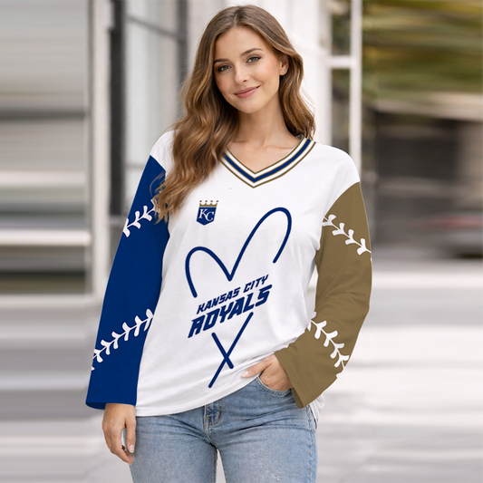 LIMITED EDITION - NEW CUSTOMIZED MLB19 KCR KANSAS CITY ROYALS WOMEN'S HEART V-NECK LONG SLEEVE SHIRT