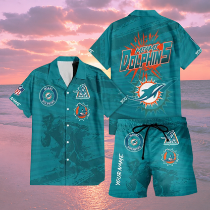 LIMITED EDITION  - NEW CUSTOMIZED NFL19 MDP MIAMI DOLPHINS UNISEX HAWAIIAN SHIRT & SHORTS SET