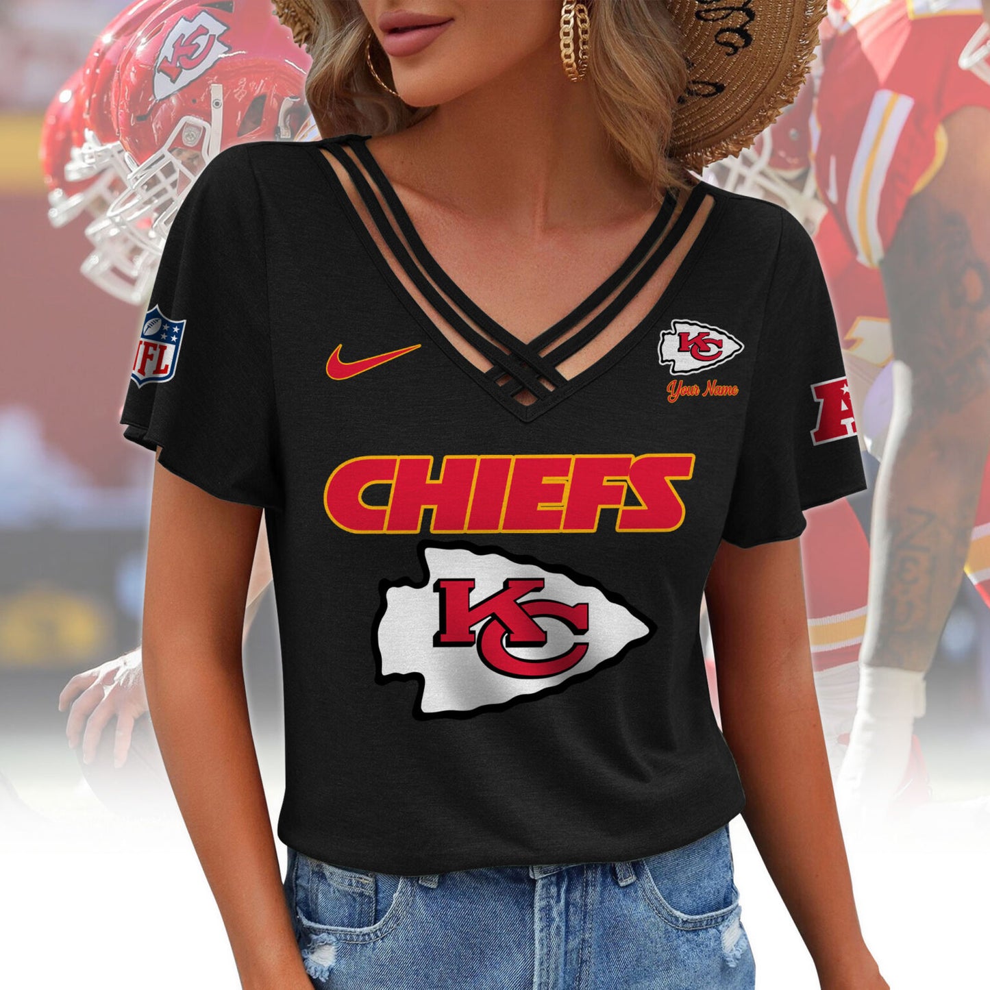 [SPECIAL OFFER] NEW CUSTOMIZED NFL01 KCC KANSAS CITY CHIEFS V-NECK SHIRT