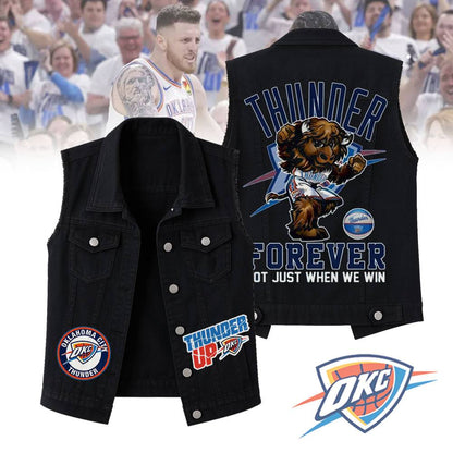 LIMITED EDITION - NEW CUSTOMIZED NBA01 OC OKLAHOMA CITY THUNDER SLEEVELESS DENIM JACKET
