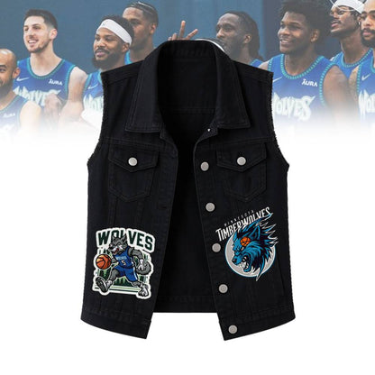 LIMITED EDITION - NEW CUSTOMIZED NBA05 MT MINNESOTA TIMBERWOLVES SLEEVELESS DENIM JACKET