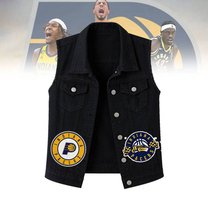 LIMITED EDITION - NEW CUSTOMIZED NBA06 IP INDIANA PACERS SLEEVELESS DENIM JACKET