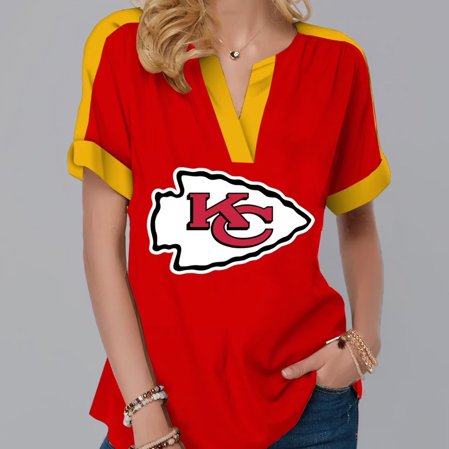 LIMITED EDITION - NEW CUSTOMIZED NFL01 KCC KANSAS CITY CHIEFS V-NECK FEMALE SHIRT