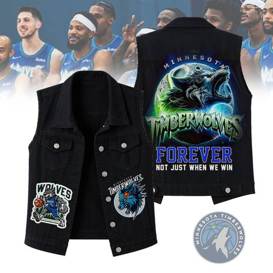 LIMITED EDITION - NEW CUSTOMIZED NBA05 MT MINNESOTA TIMBERWOLVES SLEEVELESS DENIM JACKET