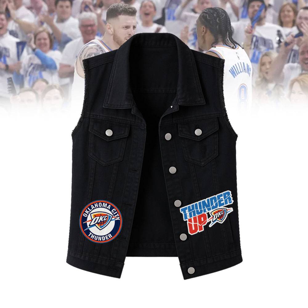 LIMITED EDITION - NEW CUSTOMIZED NBA01 OC OKLAHOMA CITY THUNDER SLEEVELESS DENIM JACKET