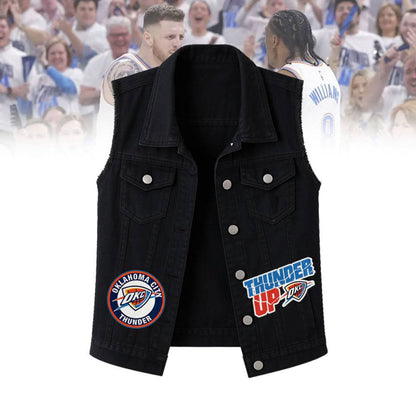 LIMITED EDITION - NEW CUSTOMIZED NBA01 OC OKLAHOMA CITY THUNDER SLEEVELESS DENIM JACKET