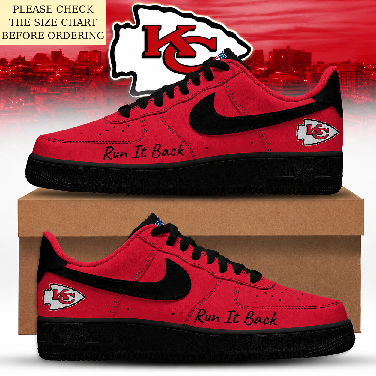 LIMITED EDITION - NEW CUSTOMIZED NFL01 KCC KANSAS CITY CHIEFS AF1 SHOES