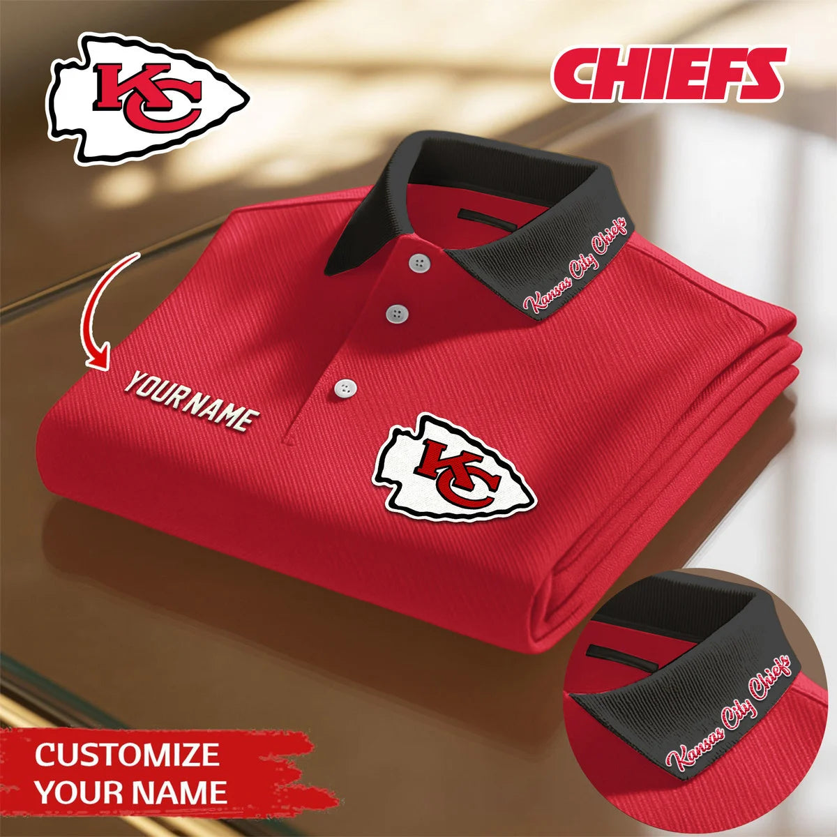 LIMITED EDITION - NEW CUSTOMIZED NFL01 KCC KANSAS CITY CHIEFS POLO SHIRT