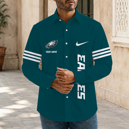 [SPECIAL OFFER] NEW CUSTOMIZED NFL02 PPE PHILADELPHIA EAGLES MEN'S LONG SLEEVE BUTTON-UP SHIRT