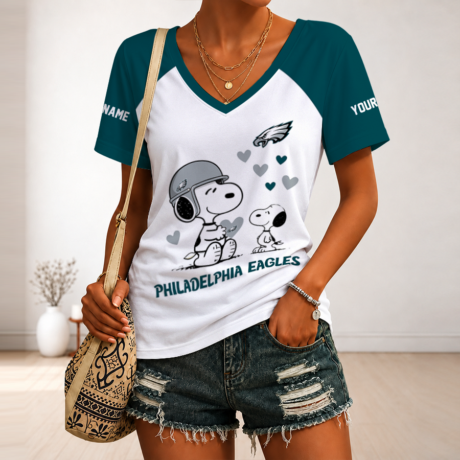 [SPECIAL OFFER] NEW CUSTOMIZED NFL02 PPE PHILADELPHIA EAGLES V-NECK FEMALE SHIRT