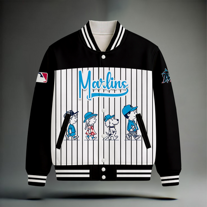 LIMITED EDITION - NEW CUSTOMIZED MLB20 MMS MIAMI MARLINS SNOOPY STYLE SATIN VARSITY & BASEBALL JACKET