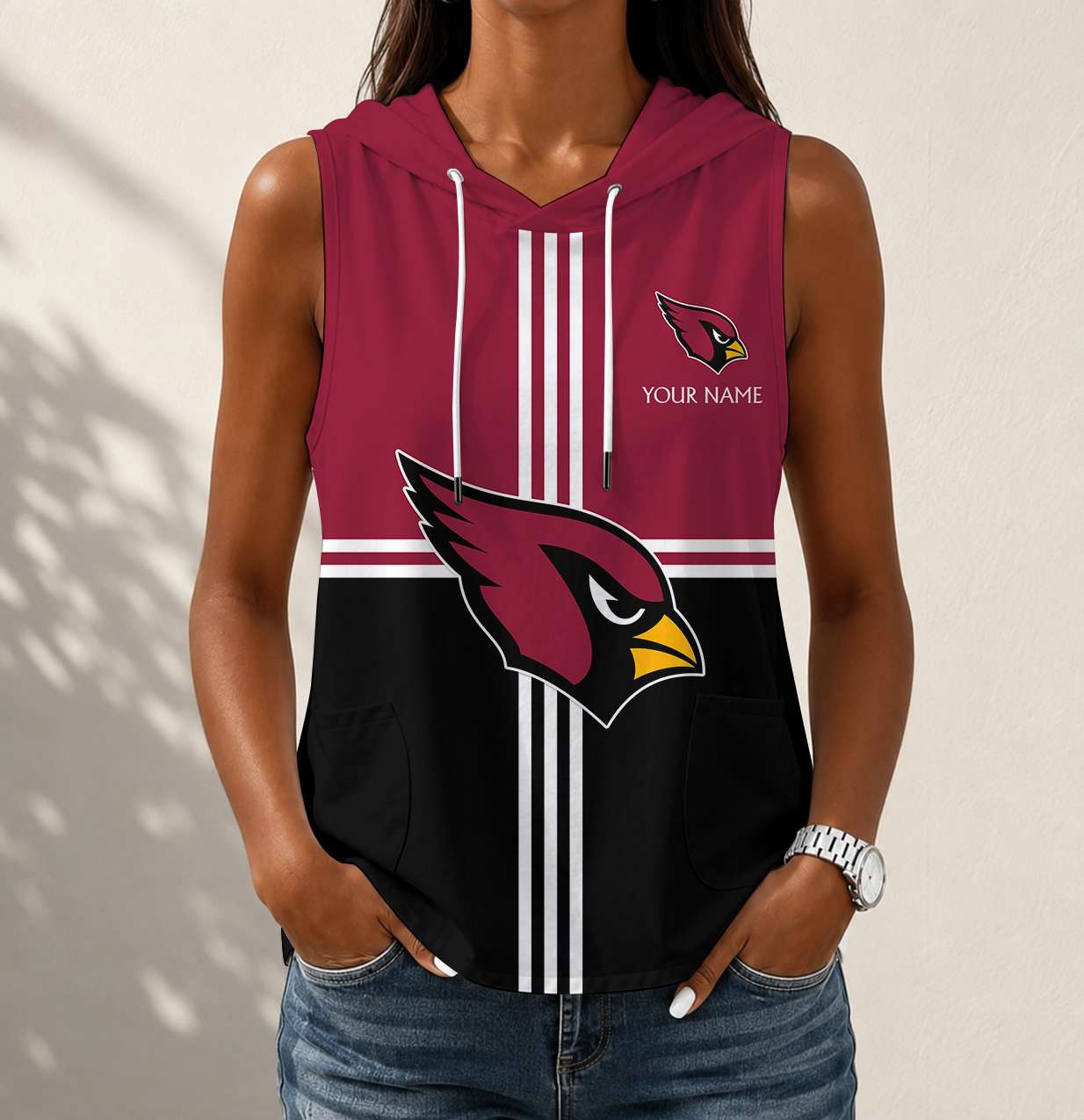 LIMITED EDITION - NEW CUSTOMIZED NFL20 ARC ARIZONA CARDINALS WOMEN'S SLEEVELESS HOODED POCKET TANK TOP