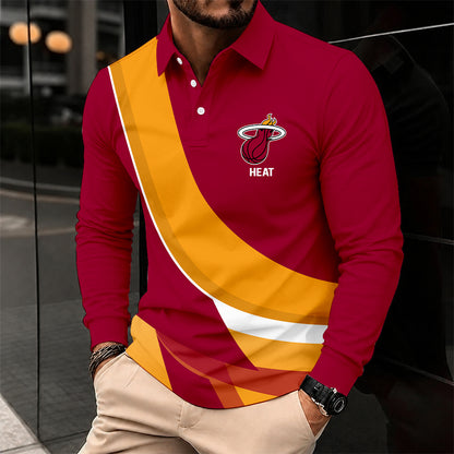 [HOT DEAL] NEW CUSTOMIZED NBA20 MHE MIAMI HEAT MEN LONG SLEEVE POLO