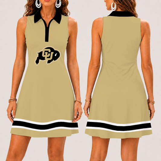 [FAN FAVORITE] NEW CUSTOMIZED NCAA FBS20 CRB COLORADO BUFFALOES WOMEN'S ZIP SLEEVELESS POLO DRESS