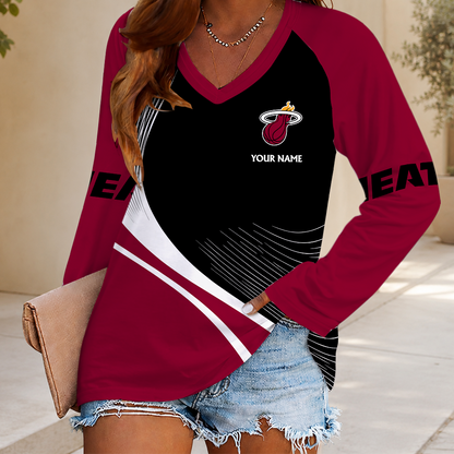 LIMITED EDITION - NEW CUSTOMIZED NBA20 MHE MIAMI HEAT WOMEN'S V-NECK LONG SLEEVED SHIRT