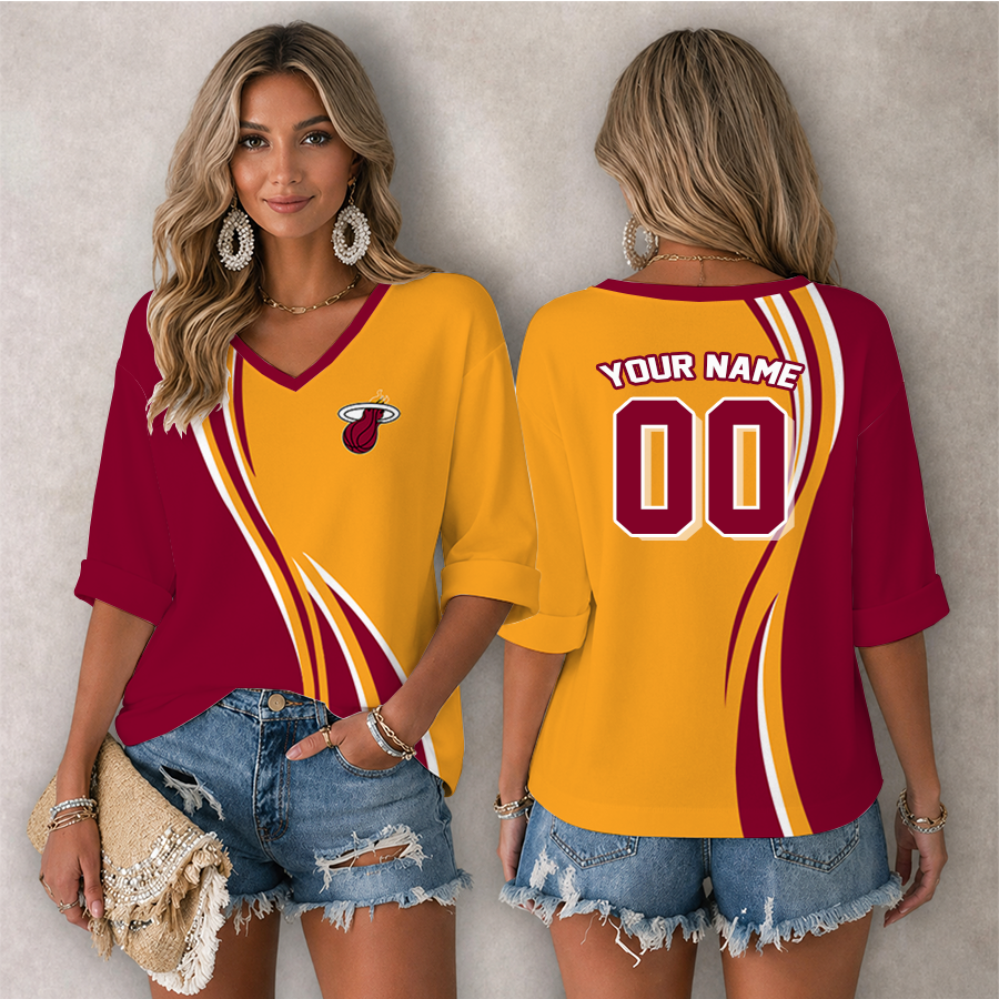 LIMITED EDITION - NEW CUSTOMIZED NBA20 MHE MIAMI HEAT WOMEN'S HEART V-NECK LONG SLEEVE SHIRT