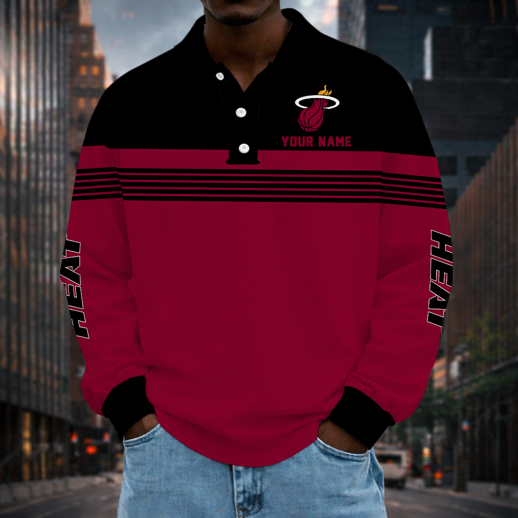 ELITE EDITION - NEW CUSTOMIZED NBA20 MHE MIAMI HEAT MEN LONG SLEEVE POLO