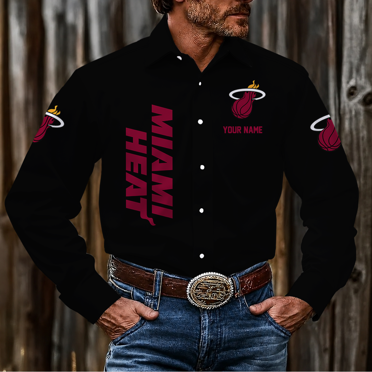 LIMITED EDITION - NEW CUSTOMIZED NBA20 MHE MIAMI HEAT MEN'S LONG SLEEVE BUTTON-UP SHIRT