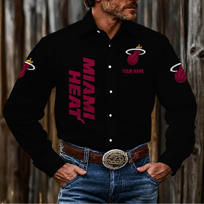LIMITED EDITION - NEW CUSTOMIZED NBA20 MHE MIAMI HEAT MEN'S LONG SLEEVE BUTTON-UP SHIRT