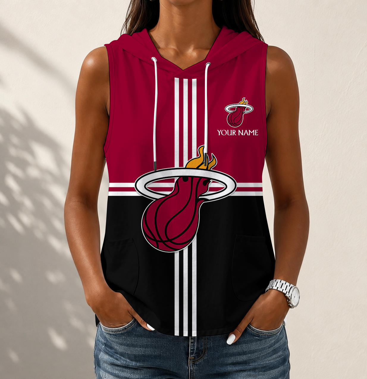 LIMITED EDITION - NEW CUSTOMIZED NBA20 MHE MIAMI HEAT WOMEN'S SLEEVELESS HOODED POCKET TANK TOP