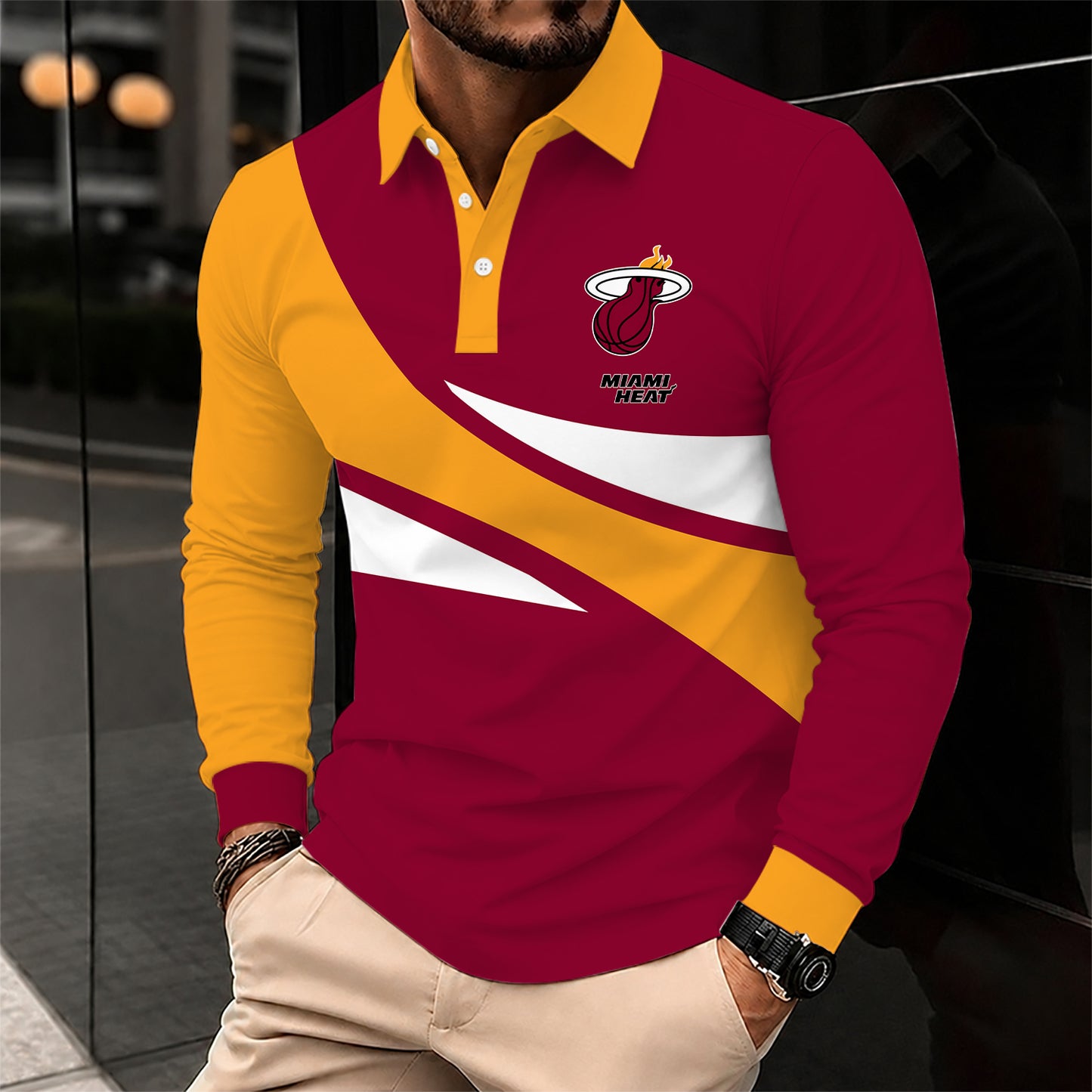 [HOT DEAL] NEW CUSTOMIZED NBA20 MHE MIAMI HEAT MEN LONG SLEEVE POLO