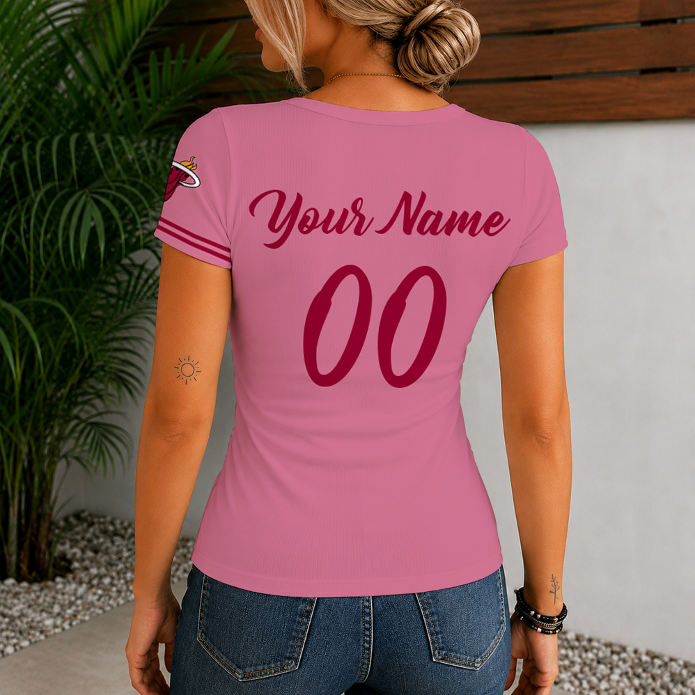 [HOT DEAL] NEW CUSTOMIZED NBA20 MHE MIAMI HEAT  WOMEN'S SHORT SLEEVE HENLEY T-SHIRT