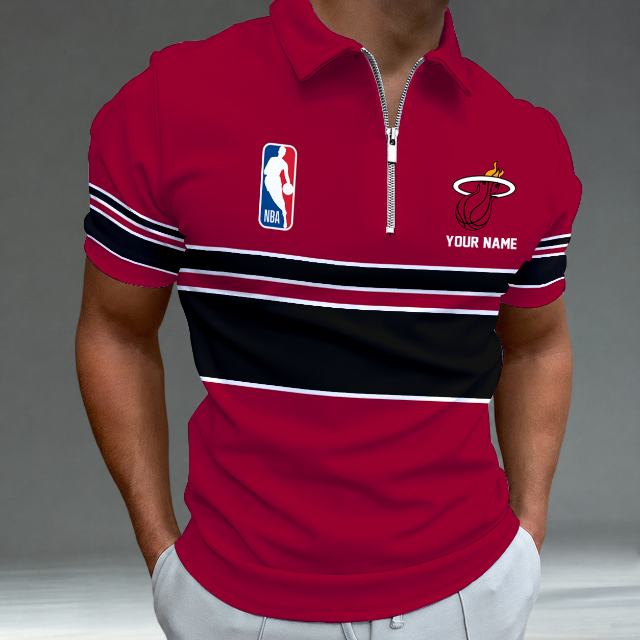 [HOT DEAL] NEW CUSTOMIZED NBA20 MHE MIAMI HEAT ZIP POLO SHIRT