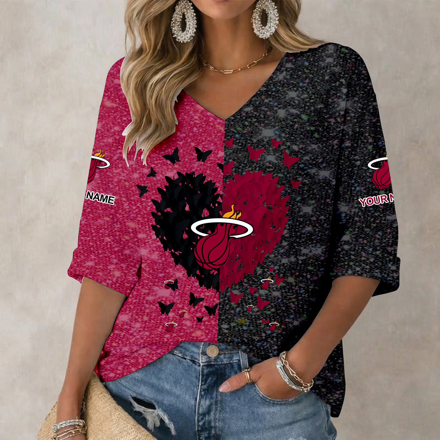 LIMITED EDITION - NEW CUSTOMIZED NBA20 MHE MIAMI HEAT WOMEN'S HEART V-NECK LONG SLEEVE SHIRT