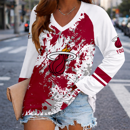[HOT DEAL] NEW CUSTOMIZED NBA20 MHE MIAMI HEAT WOMEN'S V-NECK LONG SLEEVED SHIRT