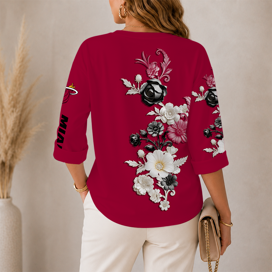 [HOT DEAL] NEW CUSTOMIZED NBA20 MHE MIAMI HEAT WOMEN'S V-NECK LONG SLEEVE SHIRT