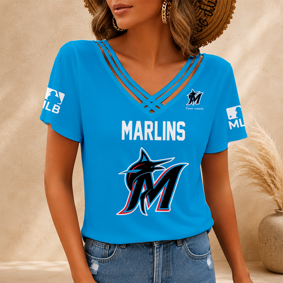 [FLASH SALE] NEW CUSTOMIZED MLB20 MMS MIAMI MARLINS V-NECK SHIRT