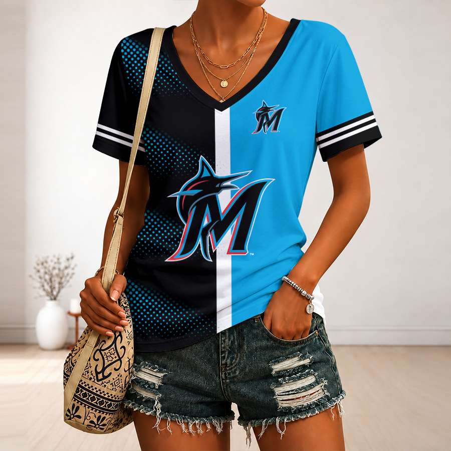LIMITED EDITION - NEW CUSTOMIZED MLB20 MMS MIAMI MARLINS V-NECK FEMALE SHIRT