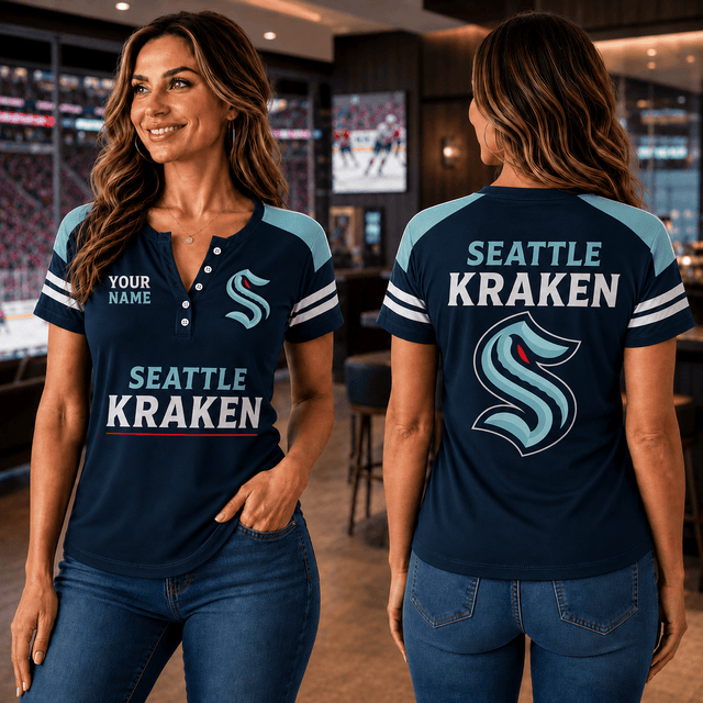 SPECIAL EDITION - NEW CUSTOMIZED NHL20 STK SEATTLE KRAKEN WOMEN'S SHORT SLEEVE HENLEY T-SHIRT