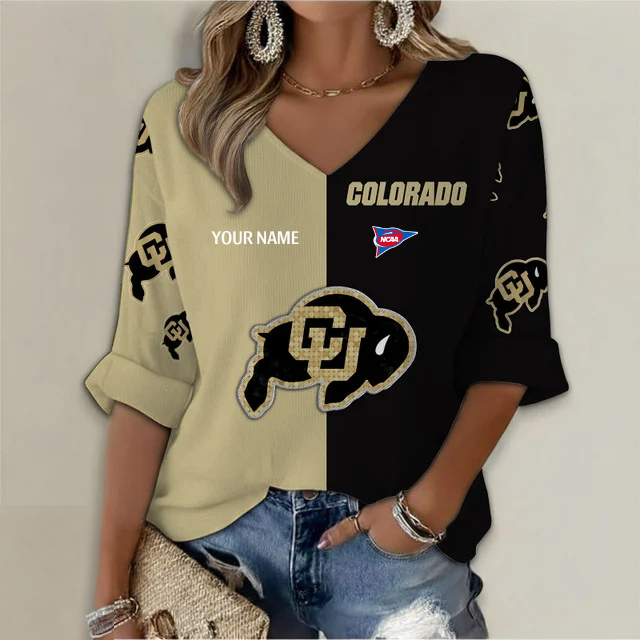 ELITE EDITION - NEW CUSTOMIZED NCAA FBS20 CRB COLORADO BUFFALOES WOMEN'S HEART V-NECK LONG SLEEVE SHIRT