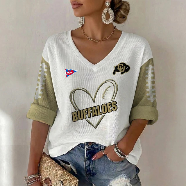 ELITE EDITION - NEW CUSTOMIZED NCAA FBS20 CRB COLORADO BUFFALOES WOMEN'S HEART V-NECK LONG SLEEVE SHIRT