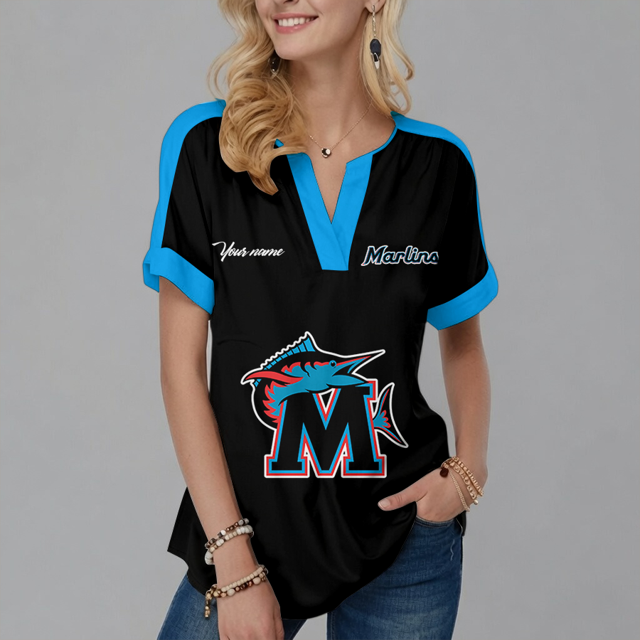 [FLASH SALE] NEW CUSTOMIZED MLB20 MMS MIAMI MARLINS V-NECK FEMALE SHIRT