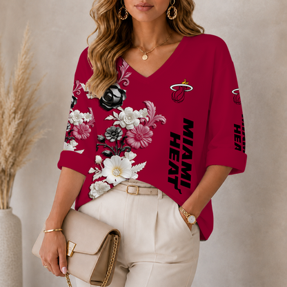 [HOT DEAL] NEW CUSTOMIZED NBA20 MHE MIAMI HEAT WOMEN'S V-NECK LONG SLEEVE SHIRT