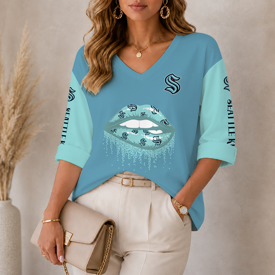 [SUPER SALE] NEW CUSTOMIZED NHL20 STK SEATTLE KRAKEN WOMEN'S HEART V-NECK LONG SLEEVE SHIRT