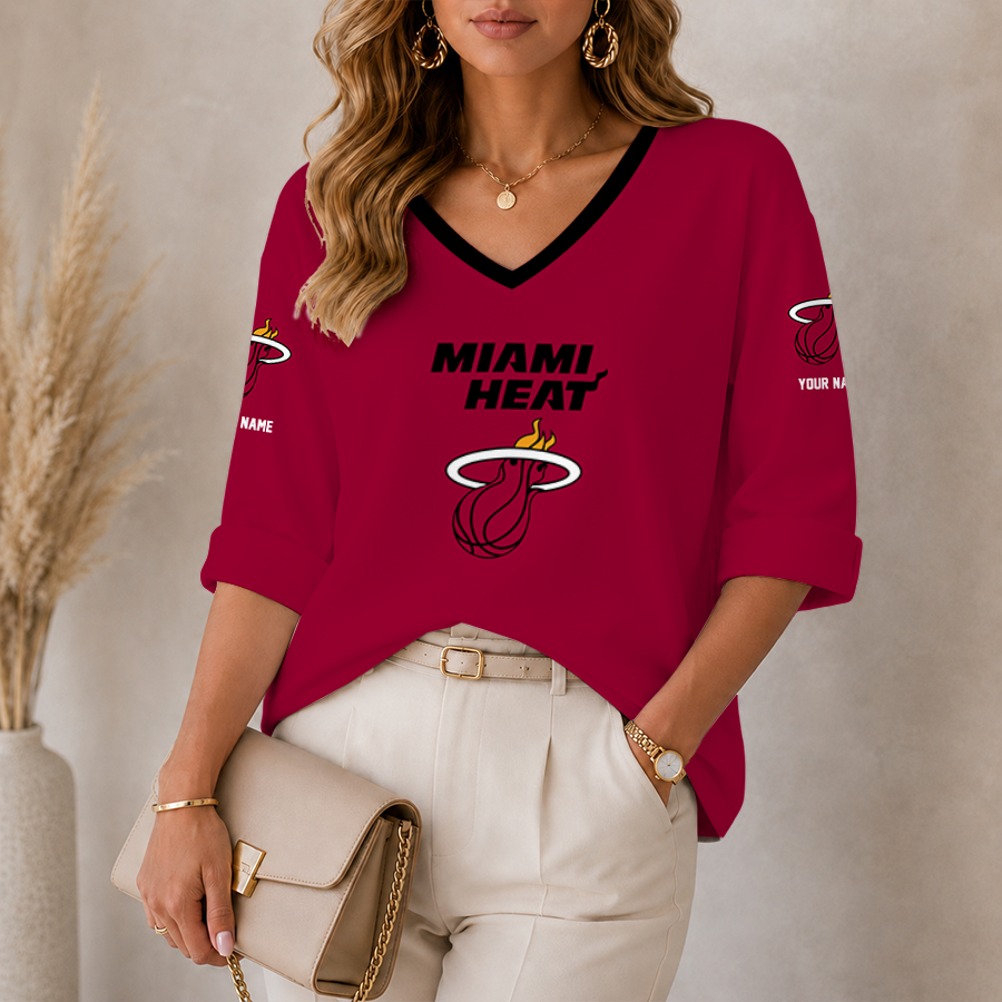 [HOT DEAL] NEW CUSTOMIZED NBA20 MHE MIAMI HEAT WOMEN'S HEART V-NECK LONG SLEEVE SHIRT