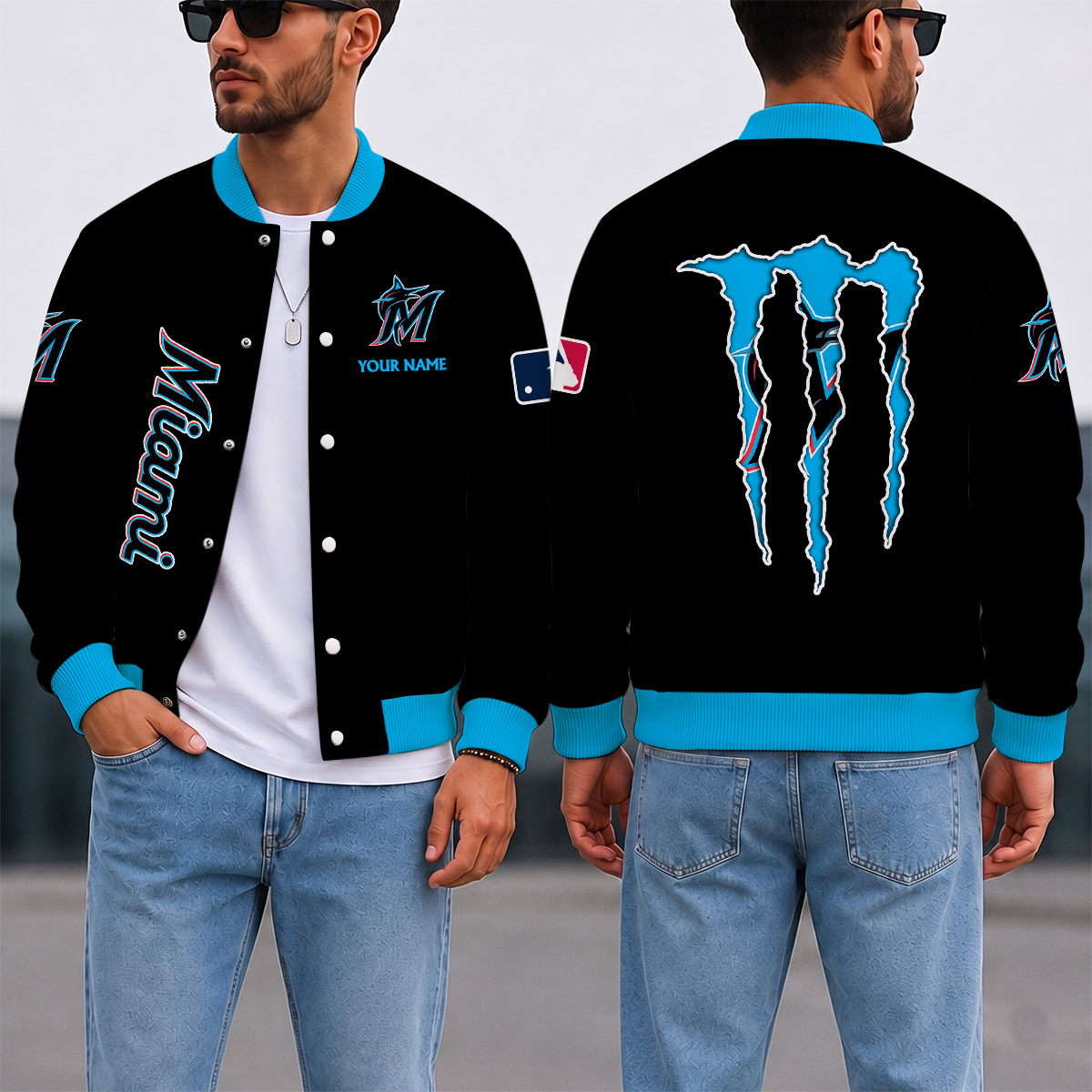 SPECIAL EDITION - NEW CUSTOMIZED MLB20 MMS MIAMI MARLINS SATIN VARSITY & BASEBALL JACKET