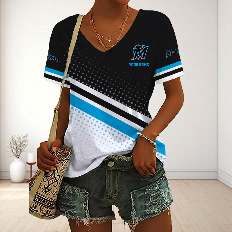 LIMITED EDITION - NEW CUSTOMIZED MLB20 MMS MIAMI MARLINS V-NECK FEMALE SHIRT