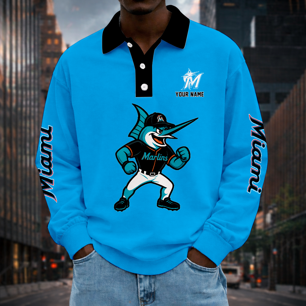 LIMITED EDITION - NEW CUSTOMIZED MLB20 MMS MIAMI MARLINS MEN LONG SLEEVE POLO
