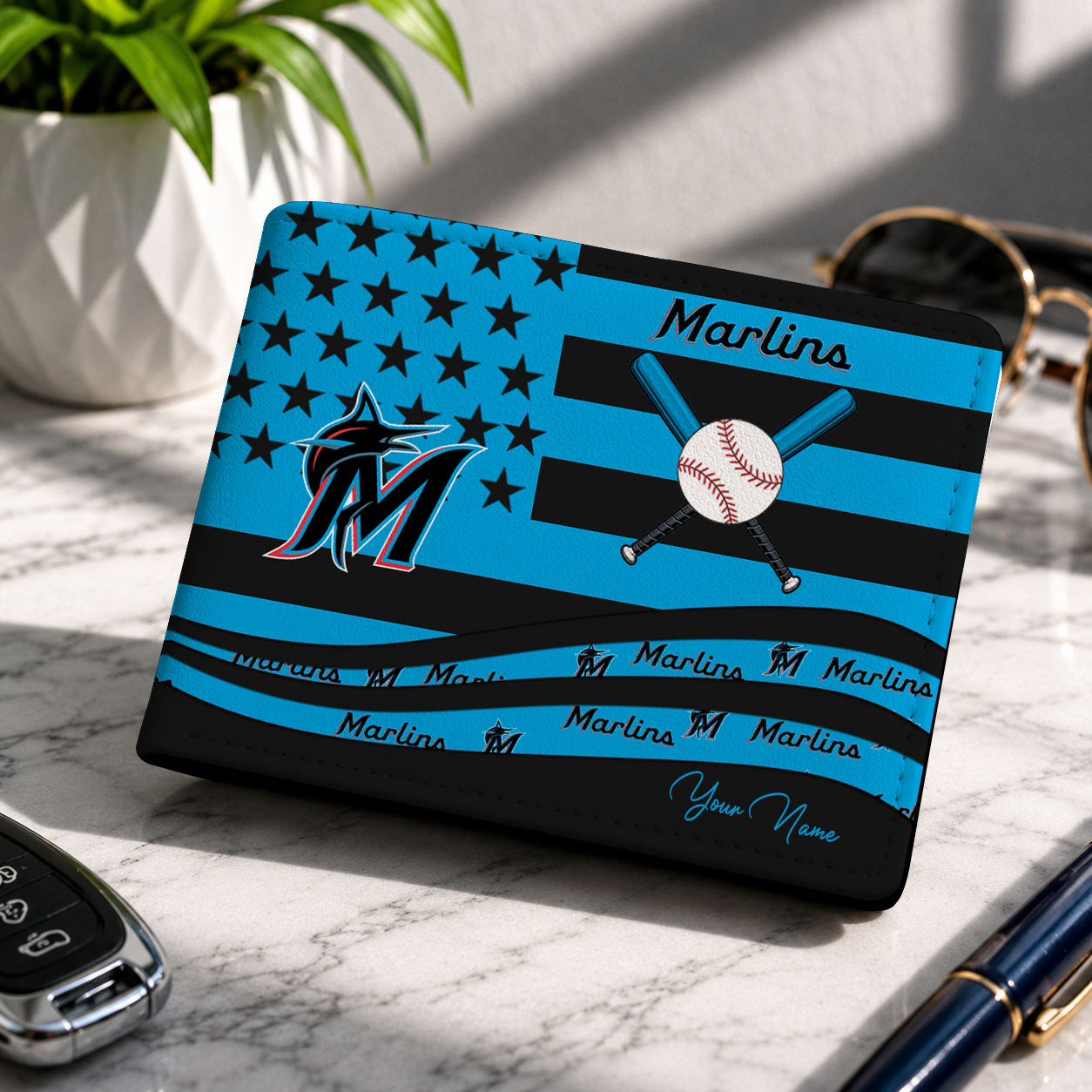LIMITED EDITION - NEW CUSTOMIZED MLB20 MMS MIAMI MARLINS LEATHER WALLET